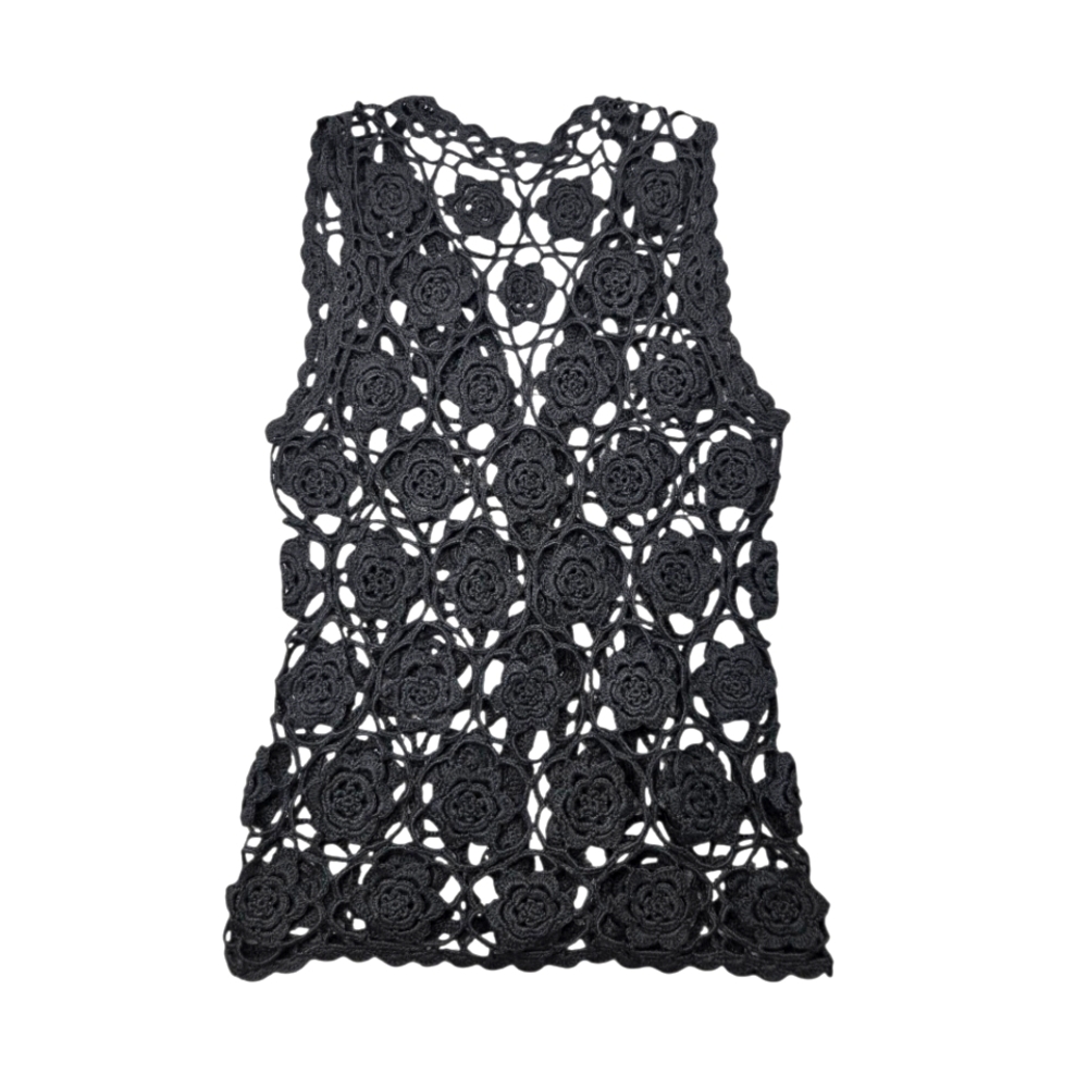 Vintage Crochet Beaded Black Vest Floral Handmade Cotton M L - Picture 2 of 7